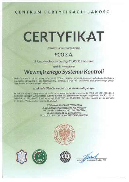 Certyfikat Systemu Zarządzania Wewnętrzny System Kontroli